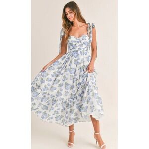 Mable Anaya Ruched Women's Tiered Floral Dress White/Blue Size S